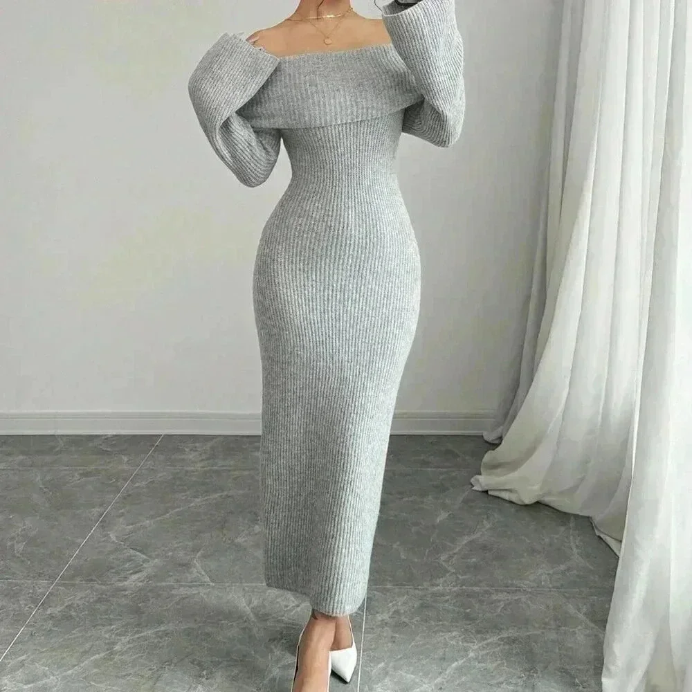 Grey Elegant Women's Off-Shoulder Long Sleeve Dress